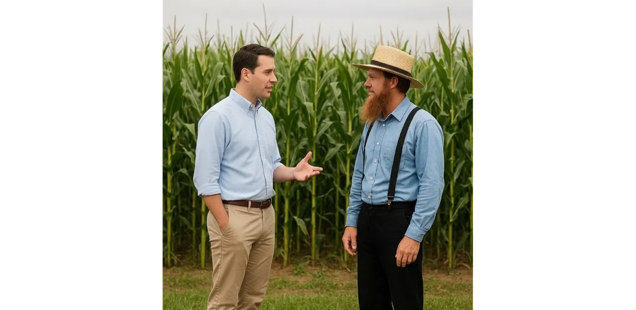 An image of man talking to an Amish man by a cornfield