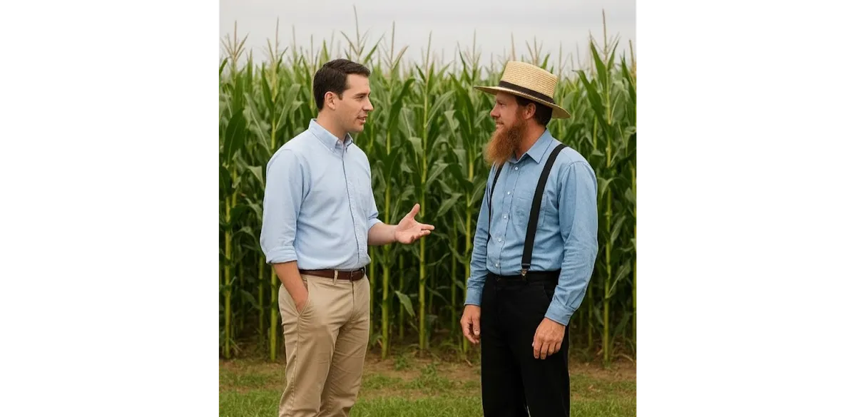 An image of man talking to an Amish man by a cornfield